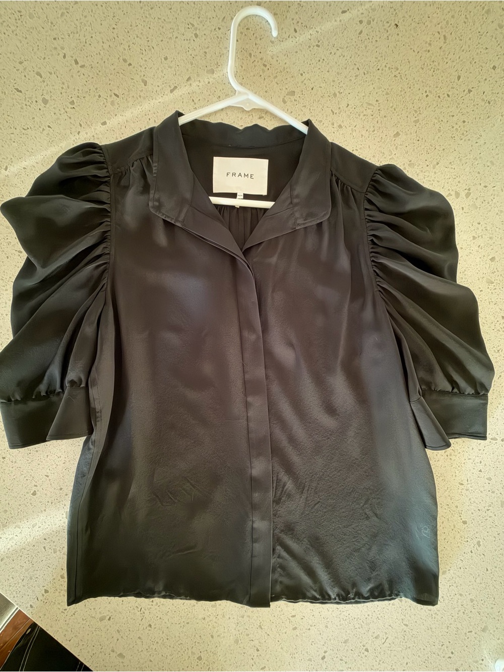 Frame Denim Black Puff-Sleeve Silk Blouse - Picture 2 of 9